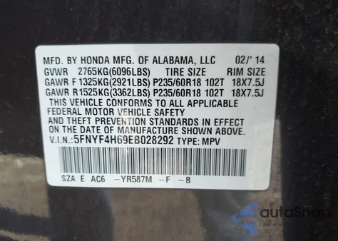 2014 Honda Pilot Ex-L from USA, damaged, VIN 5FNYF4H69EB028292